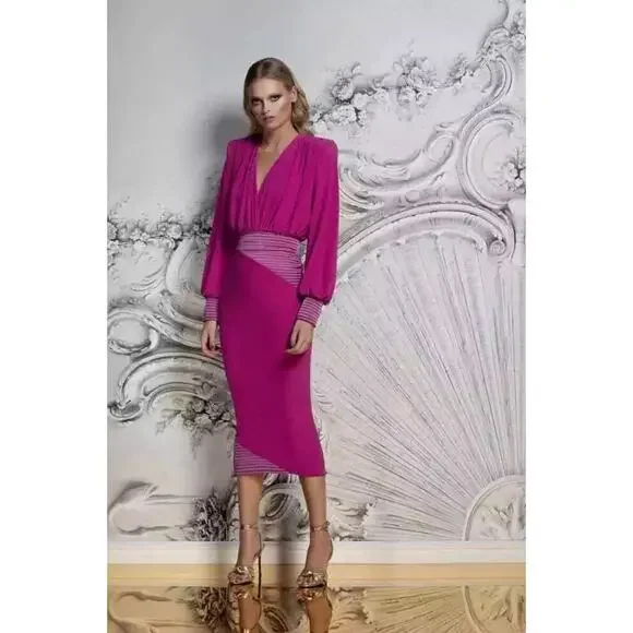 Zhivago Lover Man Dress in Berry Women L/XL/2XL Midi Maxi Hot Pink Deep V Neck - Picture 1 of 7